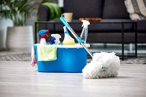 Professional cleaning supplies staged in a tidy Chicago living room