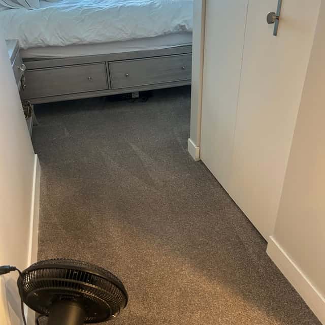 Freshly vacuumed grey carpet in a bedroom beside a grey dresser — Ferrer Cleaning, Chicago, IL