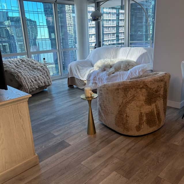 Cleaned living room with a white sofa, oak floors and floor-to-ceiling city windows — Ferrer Cleaning, Chicago, IL