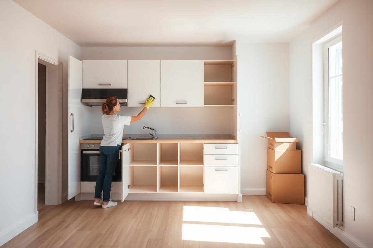 Cleaner wiping out empty kitchen cabinets during a move-out cleaning in a Chicago apartment